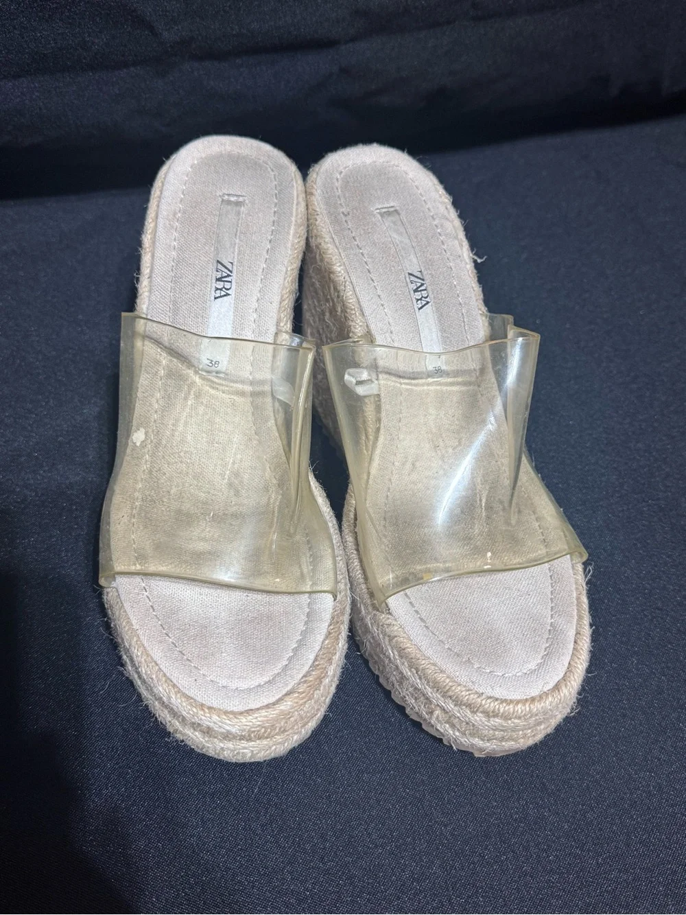 ZARA Clear PVC Espadrille Platform Slides in Beige